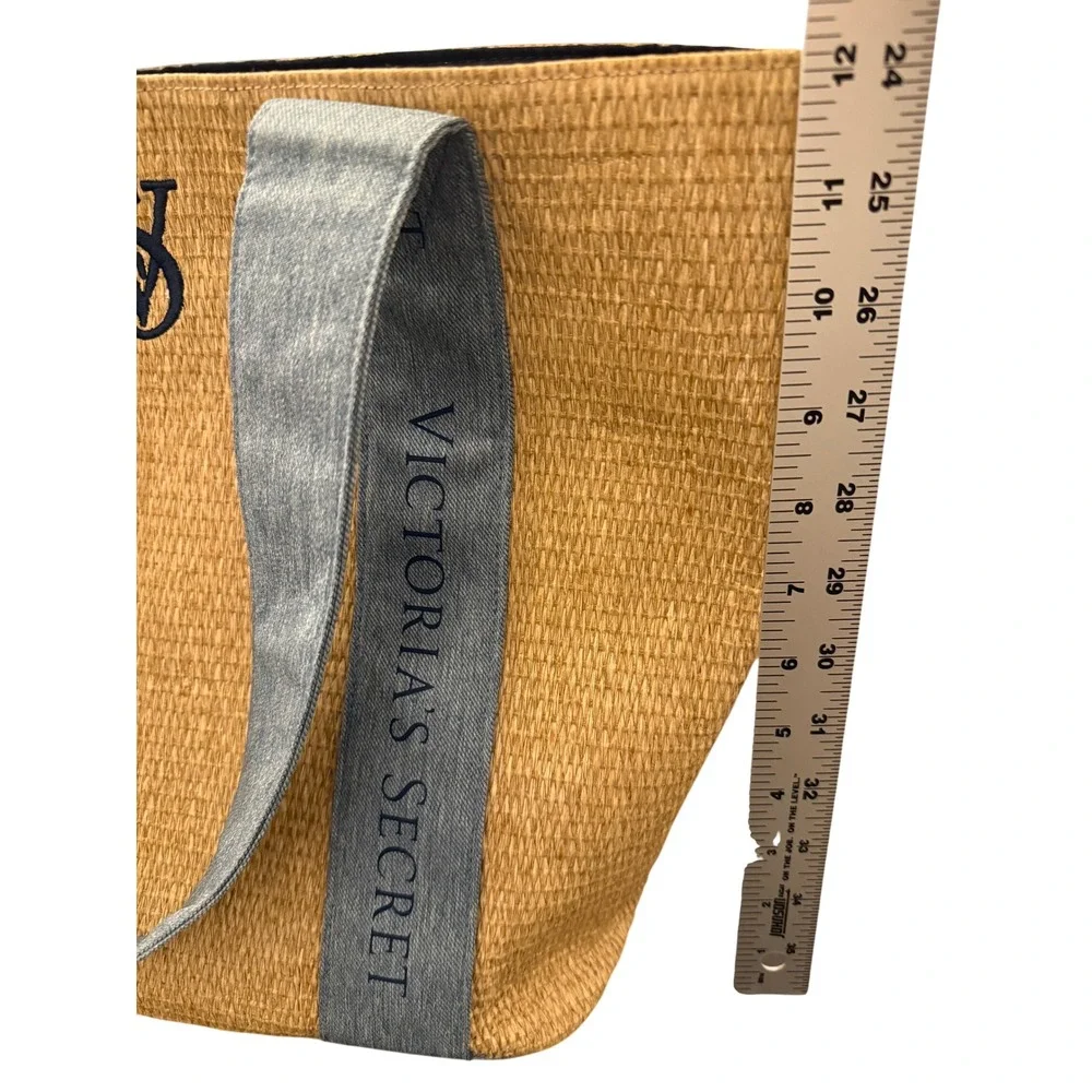 Victoria's Secret Paper Straw Tote Bag with Denim Logo Straps Lined Snap Closure